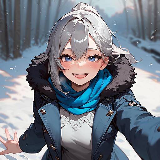 Anime Girl Smiling in Winter Coat