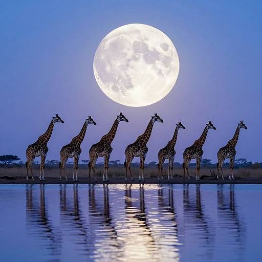 Photograph of seven giraffes standing in a reflective water body at dusk, with a full, bright moon in the blue sky behind them.
