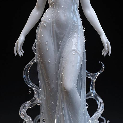 Digital artwork of a white-skinned, female mannequin in a translucent, water-drip-covered dress with swirling, liquid-like textures against a black