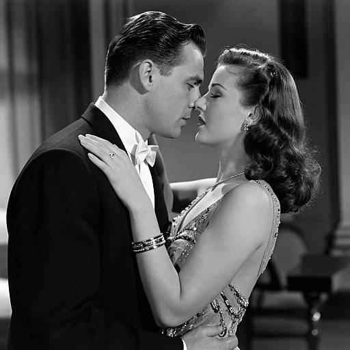 Black-and-white photograph of a 1940s-style couple kissing passionately; the man in a suit, the woman in a sequined dress.
