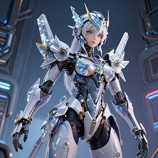 CGI image of a futuristic, white-haired female cyborg with blue eyes, wearing a shiny, metallic armor with glowing blue accents, standing in a