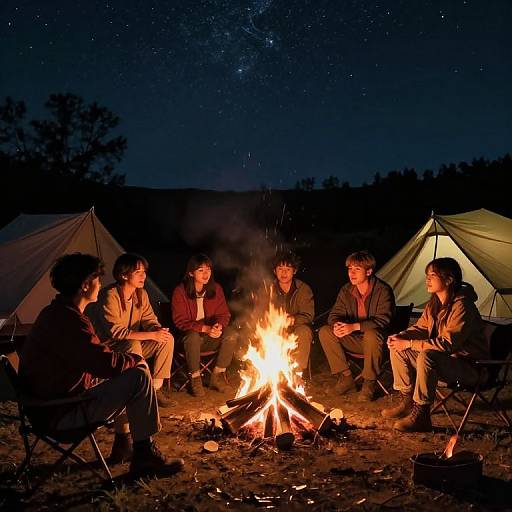 Photograph of six friends sitting around a campfire at night, surrounded by tents, under a starry sky. They are dressed in casual outdoor clothing