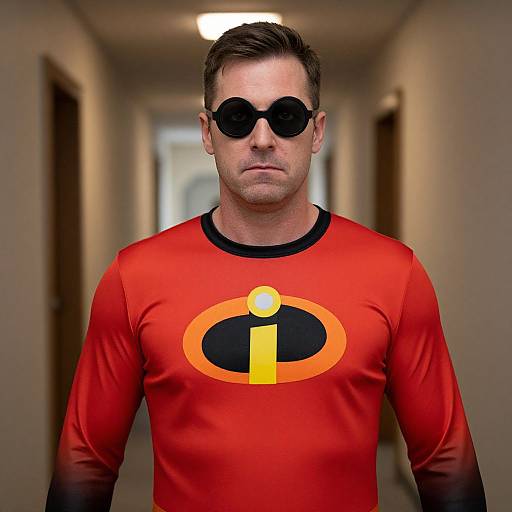 Photograph of a white man with short brown hair, wearing black sunglasses, a red long-sleeve shirt with the Incredibles logo, standing
