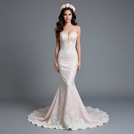 Photograph of a beautiful woman with long dark hair wearing a white lace mermaid-style wedding dress and a floral headband, standing against a gray background