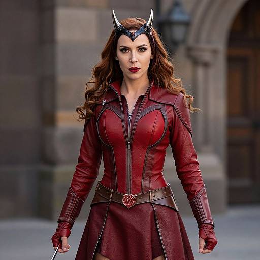 Photograph of a confident woman in a red leather Catwoman costume with black headpiece, long wavy brown hair, and red lipstick, standing in