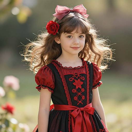 Photograph of a young girl with fair skin, brown wavy hair, wearing a black dress with red embroidery, red ribbon, and a red bow
