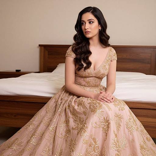 Photograph of a dark-haired woman with wavy hair, wearing a pink, gold-embroidered ball gown, sitting on a wooden bed with