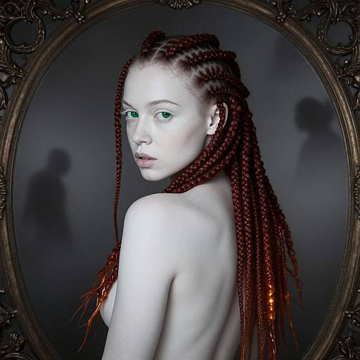Photograph of a pale-skinned, topless woman with green eyes and long red braided hair, framed in an ornate oval, against a
