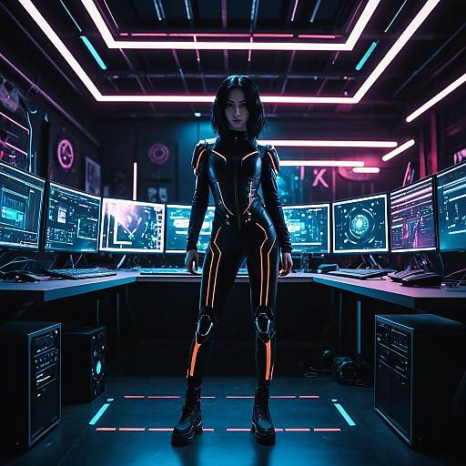 Cybernetic Woman in Futuristic Workspace