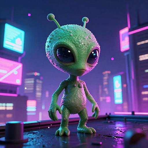 CGI image of a cute, green, alien child with large eyes, standing in a futuristic, neon-lit cityscape with glowing signs. Text