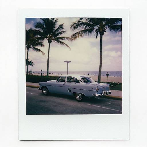 Photograph of a vintage gray car parked on a coastal road with tall palm trees and a cloudy sunset sky in the background.