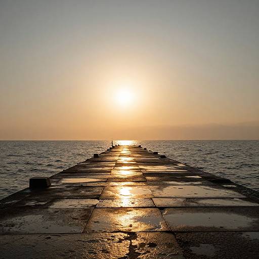 Photograph of a sunlit pier extending into a calm ocean at sunset, with wet, reflective tiles and a glowing orange sky.