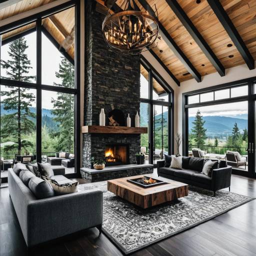 Luxury Mountain Living Room with Stone Fireplace