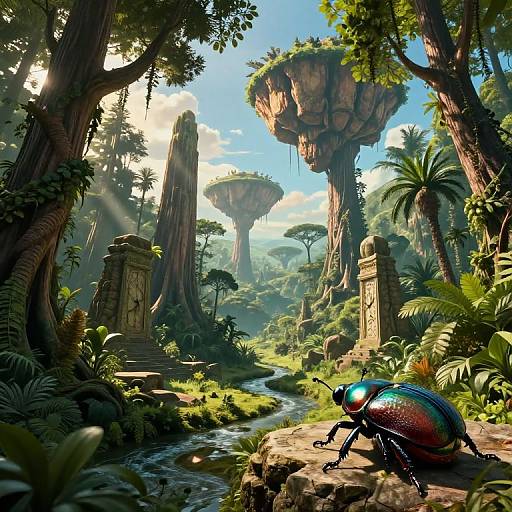 Fantasy forest scene with towering trees, sunlit canopy, lush greenery, insect with iridescent shell on a stream, ancient stone pillars,