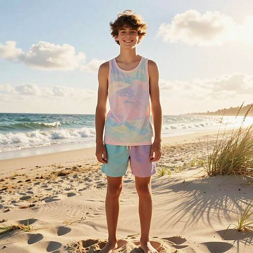 Photograph of a young man with curly brown hair, wearing a pastel tie-dye tank top and light blue shorts, standing on a sunny beach