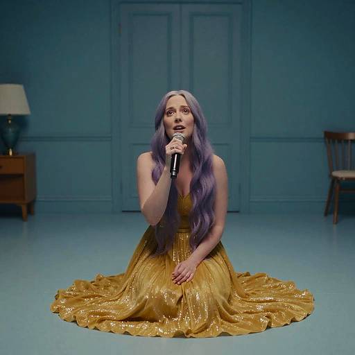 Interstellar Woman Singing in Teal Room