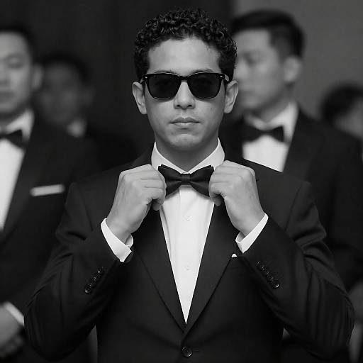 Stylish Man Adjusting Bow Tie Photo