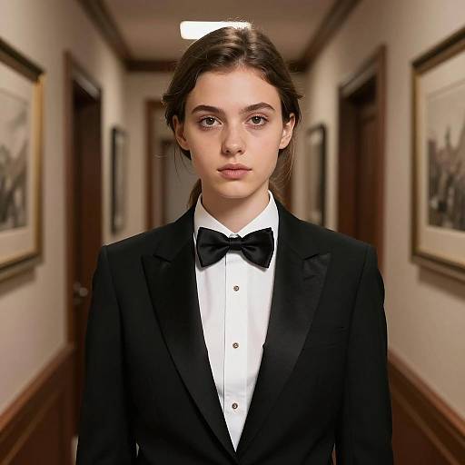 Young Woman in Black Tuxedo in Hallway