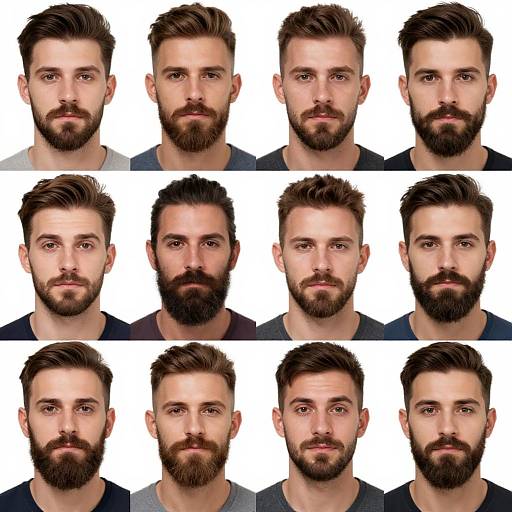 Digital collage of twelve male headshots featuring varying bearded and non-bearded Caucasian men with different hair styles and expressions.