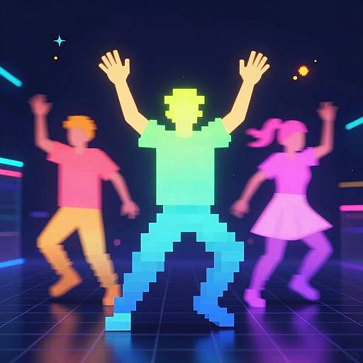 Neon digital artwork of a pixelated dancer in vibrant gradient colors, surrounded by blurred, colorful figures dancing on a black grid floor.