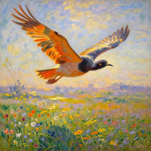 Vibrant painting of a bird with orange and black wings soaring over a colorful meadow of flowers at sunset.