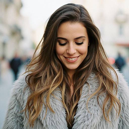 Photograph of a smiling young woman with long, wavy brown hair, wearing a gray fur coat, eyes closed, standing outdoors in a blurred urban