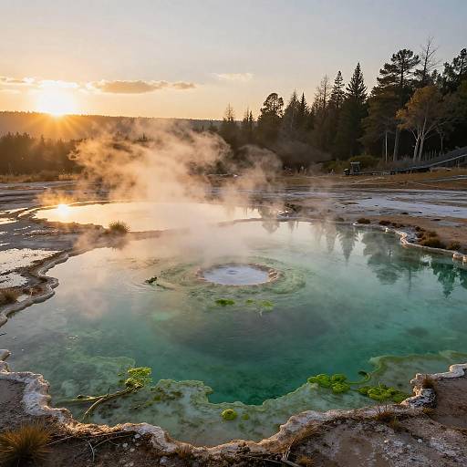 Photograph of a geothermal hot spring at sunset, with steam rising from the turquoise water, surrounded by trees and grass, reflecting the golden sky.