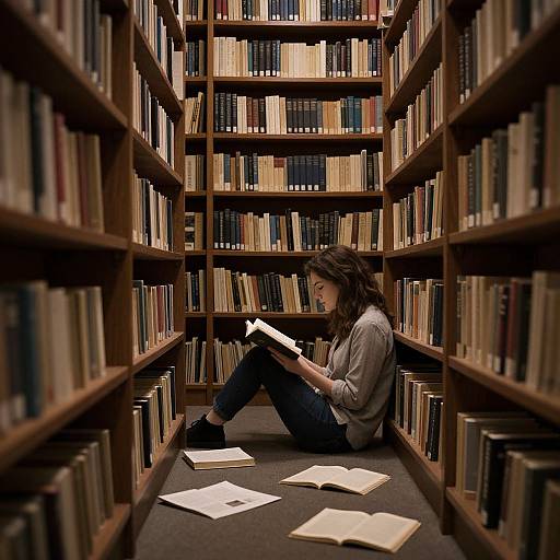 Photograph of a woman with long brown hair, wearing a gray sweater and black pants, sitting between two tall wooden bookshelves, reading a book