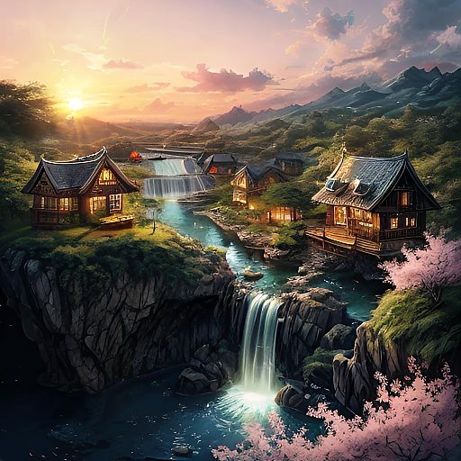 Enchanting Sunset Village with Waterfalls