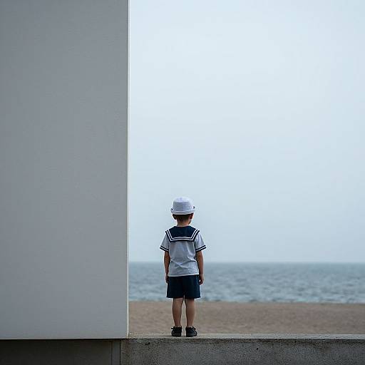 Photograph of a young child in a white hat, sailor shirt, and shorts, standing alone on a concrete ledge, gazing at a foggy