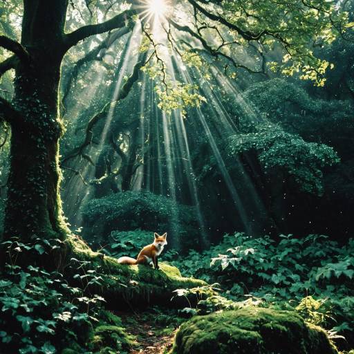 Fox in Sunlit Ancient Oak Forest