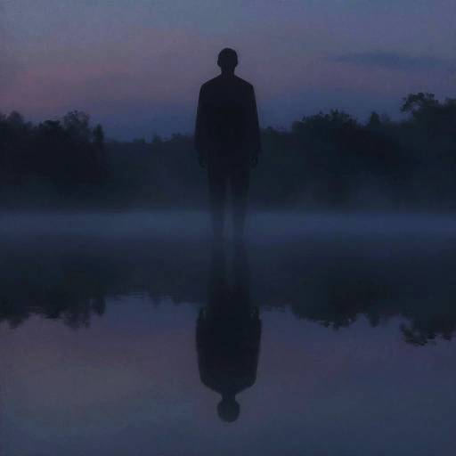 Silhouetted figure standing in a reflective blue twilight pond, surrounded by mist and dark trees, creating a mysterious, serene atmosphere.