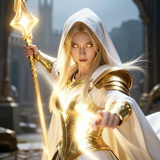 Radiant Cleric Battling in Ruined Castle