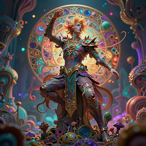 Digital artwork of a regal, armored woman with glowing blonde hair, surrounded by vibrant, neon-colored gears and machines, standing confidently in front of a