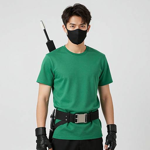 Photograph of an Asian man in a green T-shirt, black gloves, and mask, with a gun holster on his back, against a white background