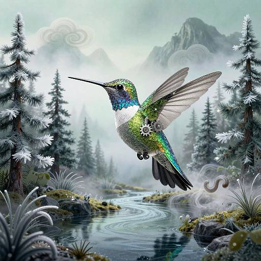 Wireframe Hummingbird in Misty Mountain Spring