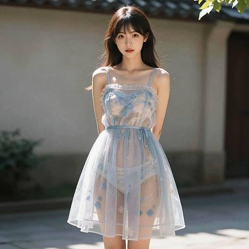 Photograph of an East Asian woman with long black hair wearing a sheer, blue floral dress, revealing white panties, standing in a sunlit, traditional