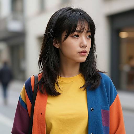 Photograph of an Asian woman with black hair, wearing a yellow shirt and colorful, geometric-patterned cardigan, standing on a blurred city street.