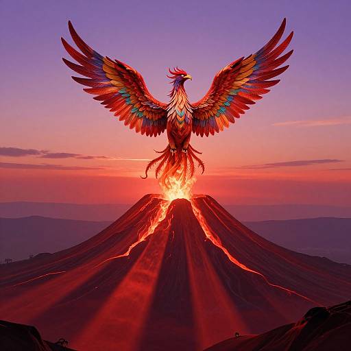 Digital artwork of a fiery phoenix with outstretched wings perched on a volcano at sunset, glowing red and orange against a purple sky.