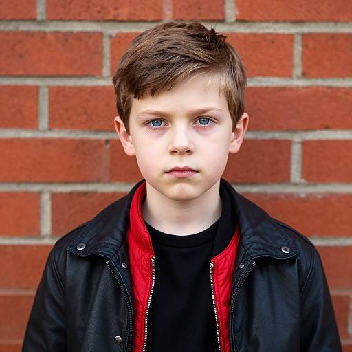 Photograph of a young boy with blue eyes, brown hair, wearing a black leather jacket over a red shirt, against a red brick wall background.