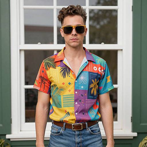 Photograph of a white man with short, wavy brown hair, wearing dark sunglasses, colorful Hawaiian shirt, and blue jeans, standing in front of
