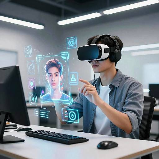 Young man in VR headset, pointing at holographic image of attractive man on computer screen in brightly lit office.