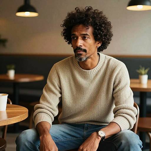 Photograph of a curly-haired, bearded Black man wearing a cream knit sweater and blue jeans, sitting in a cozy café with warm lighting.