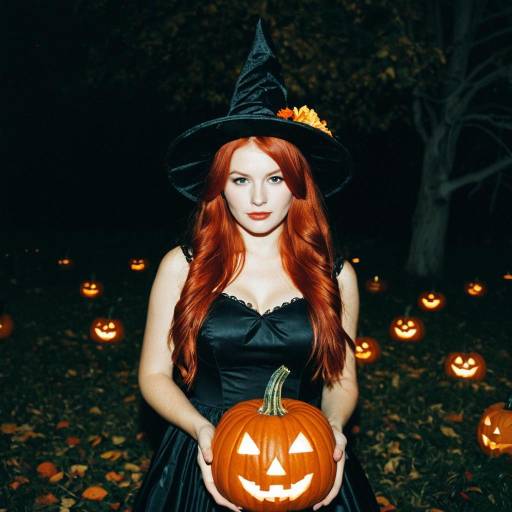 Woman in Witch Costume Holding Jack-o'-Lantern