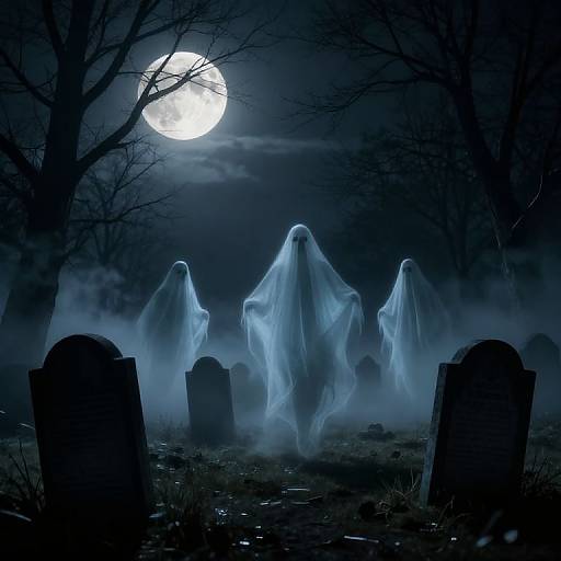 Moody night scene: four glowing blue ghosts float among dark, misty gravestones under a full moon, surrounded by eerie, leafless trees