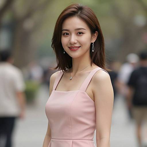Photograph of an attractive young Asian woman with straight black hair, wearing a pink sleeveless dress and dangling earrings, smiling outdoors in a blurred urban park