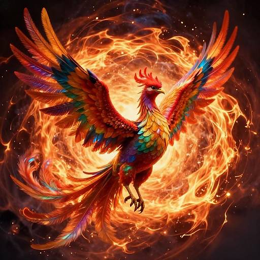 Vibrant digital illustration of a phoenix with multicolored feathers, soaring amidst a swirling, fiery vortex, emitting intense orange and yellow flames.