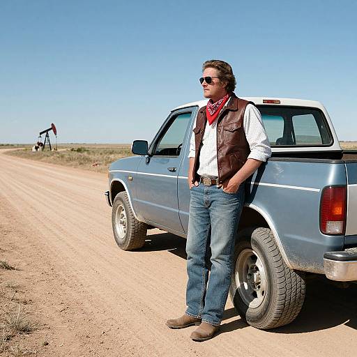 Photograph of a man in sunglasses, white shirt, brown vest, red scarf, blue jeans, and brown boots, leaning against a blue pickup truck