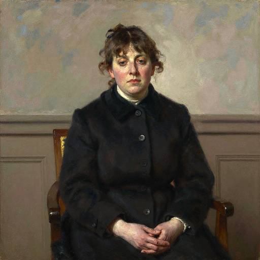 Photograph-style oil painting of a solemn young woman with fair skin, brown hair in a bun, wearing a black coat, seated against a beige wall