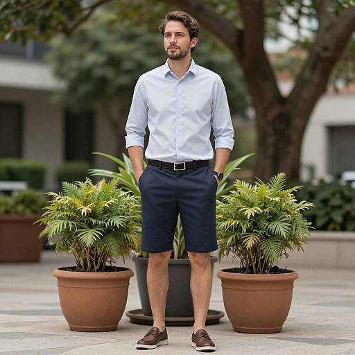 Photograph of a handsome, bearded man in a white shirt, black shorts, brown belt, and brown loafers, standing between two potted